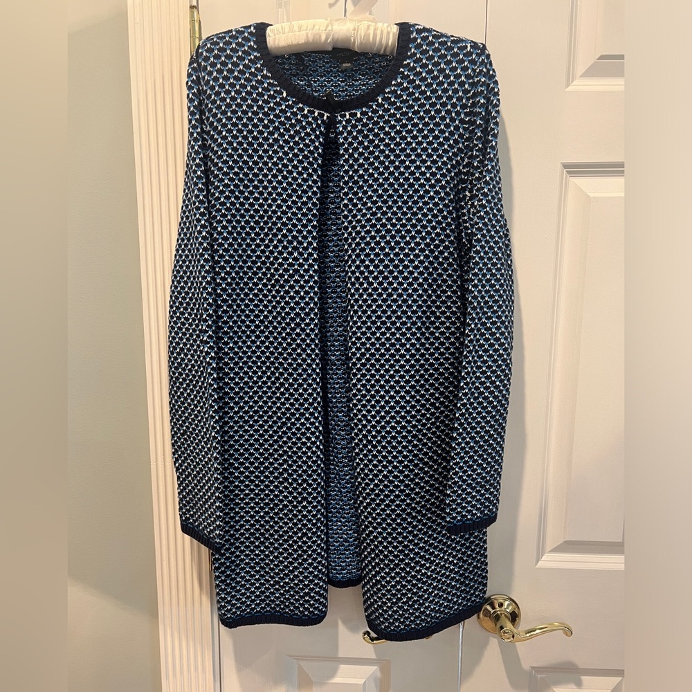 Ann Taylor Factory Long Sweater Navy/Teal/White Size Medium Open Front
